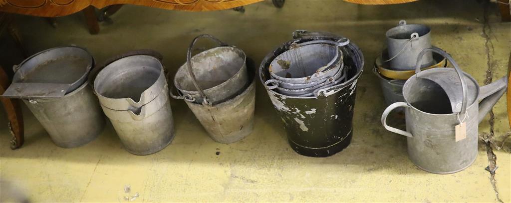 A quantity of galvanised buckets, feeders etc